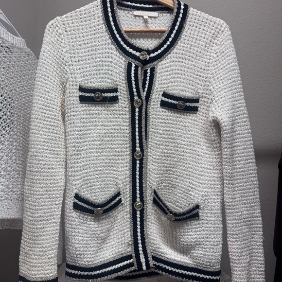 Maje 1 S Cream Tweed Jacket with Black Trim and Gold Buttons Cardigan Blazer - Picture 2 of 8